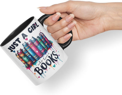 Vixar Just A Girl Who Loves Books Coloured Ceramic Mug Cup Gift, 11oz (Black)