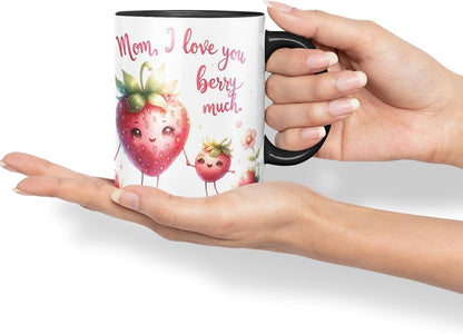 Vixar Mom, I Love You Berry Much Coloured Mug Cup Cute Strawberry Mother’s Day Gift 11oz (Black)