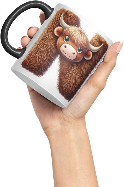 Highland Cow Alphabet Monogram Coloured Ceramic Cup Mug Letter N Rustic Farmhouse Animal Letter Gift V2 11oz (Black)