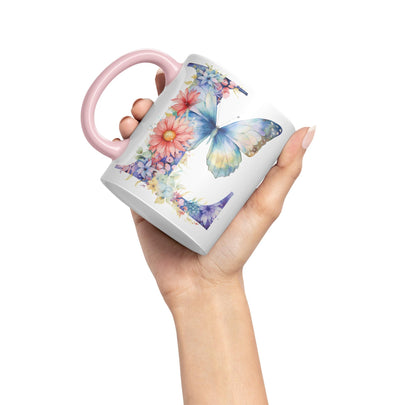 Letter L mug, Floral flowers butterfly Alphabet Letter L Monogram watercolour Ceramic Coloured Mug Cup for Tea Coffee Hot brew 330ml 11Oz Gift
