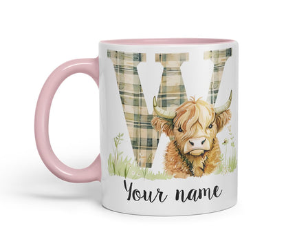 Vixar Personalised Highland Cow Initial Letter W Custom Name Mug – Coloured Ceramic Mug Cup Gift, 11oz (Black)
