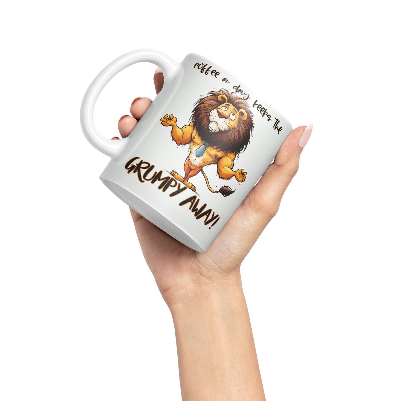 Coffee a Day Keeps The Grumy Away! Lion Joke sarkasm Sarcastic Ceramic Coloured Mug Cup for Tea Coffee Hot Brew 330ml 11Oz Gift