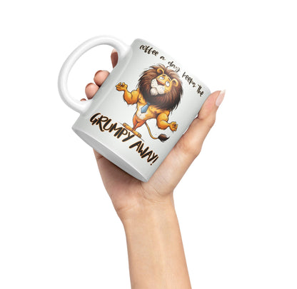 Coffee a Day Keeps The Grumy Away! Lion Joke sarkasm Sarcastic Ceramic Coloured Mug Cup for Tea Coffee Hot Brew 330ml 11Oz Gift