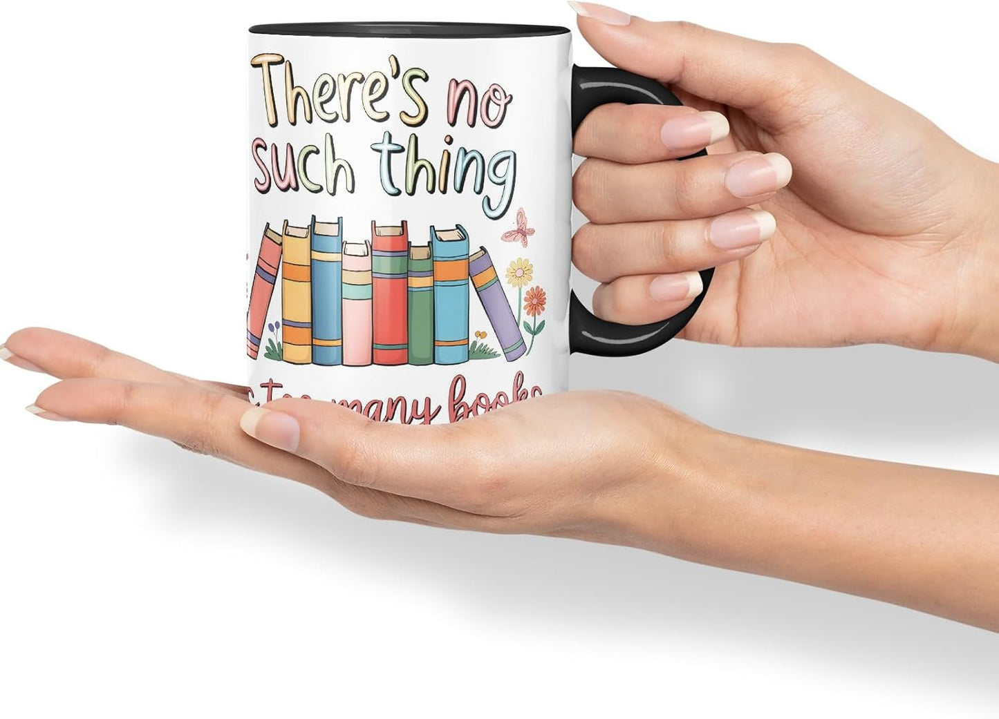 Vixar There's No Such Thing As Too Many Books (Pastel Version) Coloured Ceramic Mug Cup Gift, 11oz (Black)