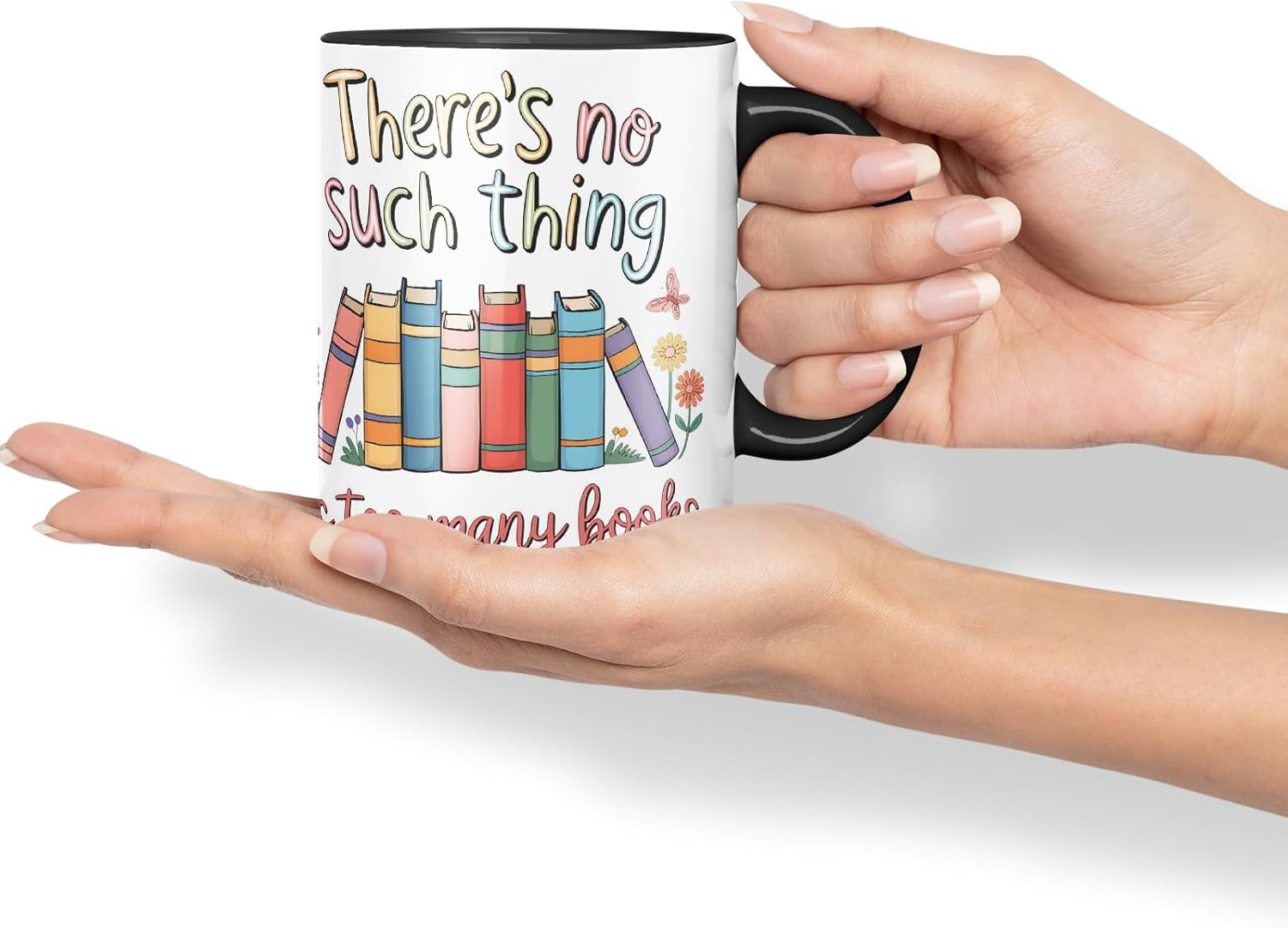 Vixar There's No Such Thing As Too Many Books (Pastel Version) Coloured Ceramic Mug Cup Gift, 11oz (Black)