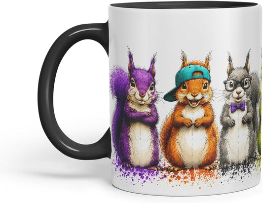 Squirrels Mug – Cute Squirrels Coloured Ceramic Mug Cup Gift, 11oz (Black)