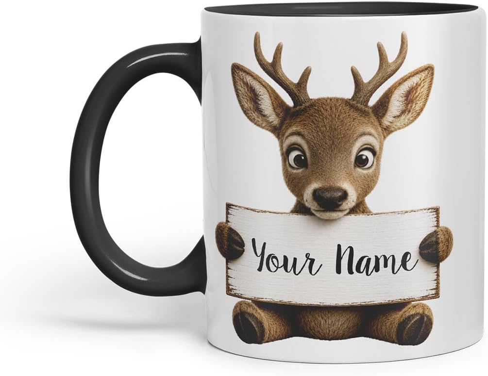 Vixar Personalised Deer Mug with Name or Custom Message – Cute Animal Coloured Ceramic Mug Cup Gift, 11oz (Black)
