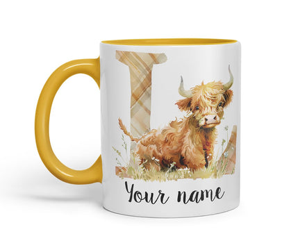 Vixar Personalised Highland Cow Initial Letter L Custom Name Mug – Coloured Ceramic Mug Cup Gift, 11oz (Black)