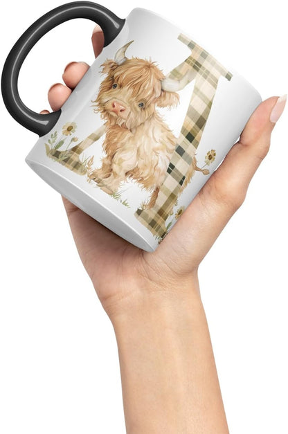 Vixar Highland Cow Alphabet Monogram Coloured Ceramic Cup Mug – Letter A – Rustic Farmhouse Animal Letter Gift – 11oz (Black)