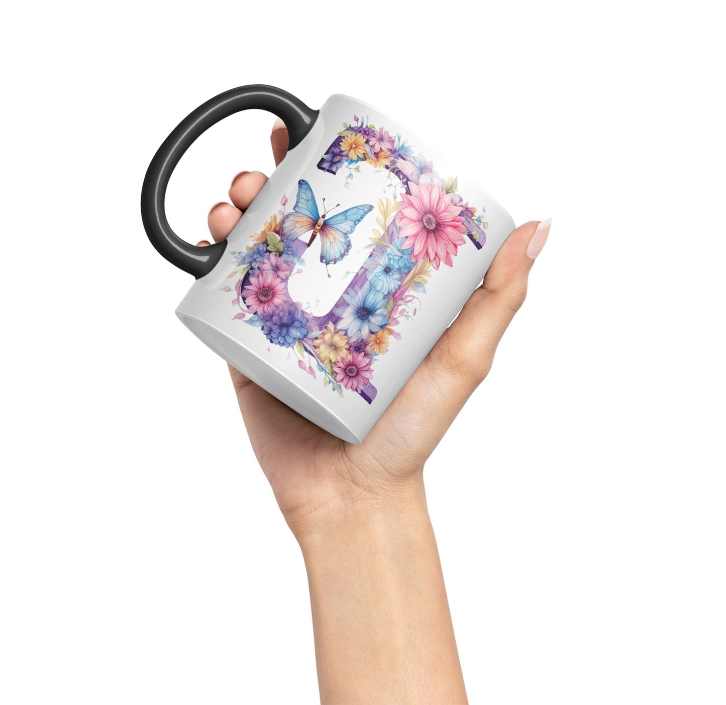 Letter J mug, Floral flowers butterfly Alphabet Letter J Monogram watercolour Ceramic Coloured Mug Cup for Tea Coffee Hot brew 330ml 11Oz Gift