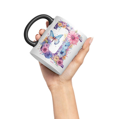 Letter J mug, Floral flowers butterfly Alphabet Letter J Monogram watercolour Ceramic Coloured Mug Cup for Tea Coffee Hot brew 330ml 11Oz Gift