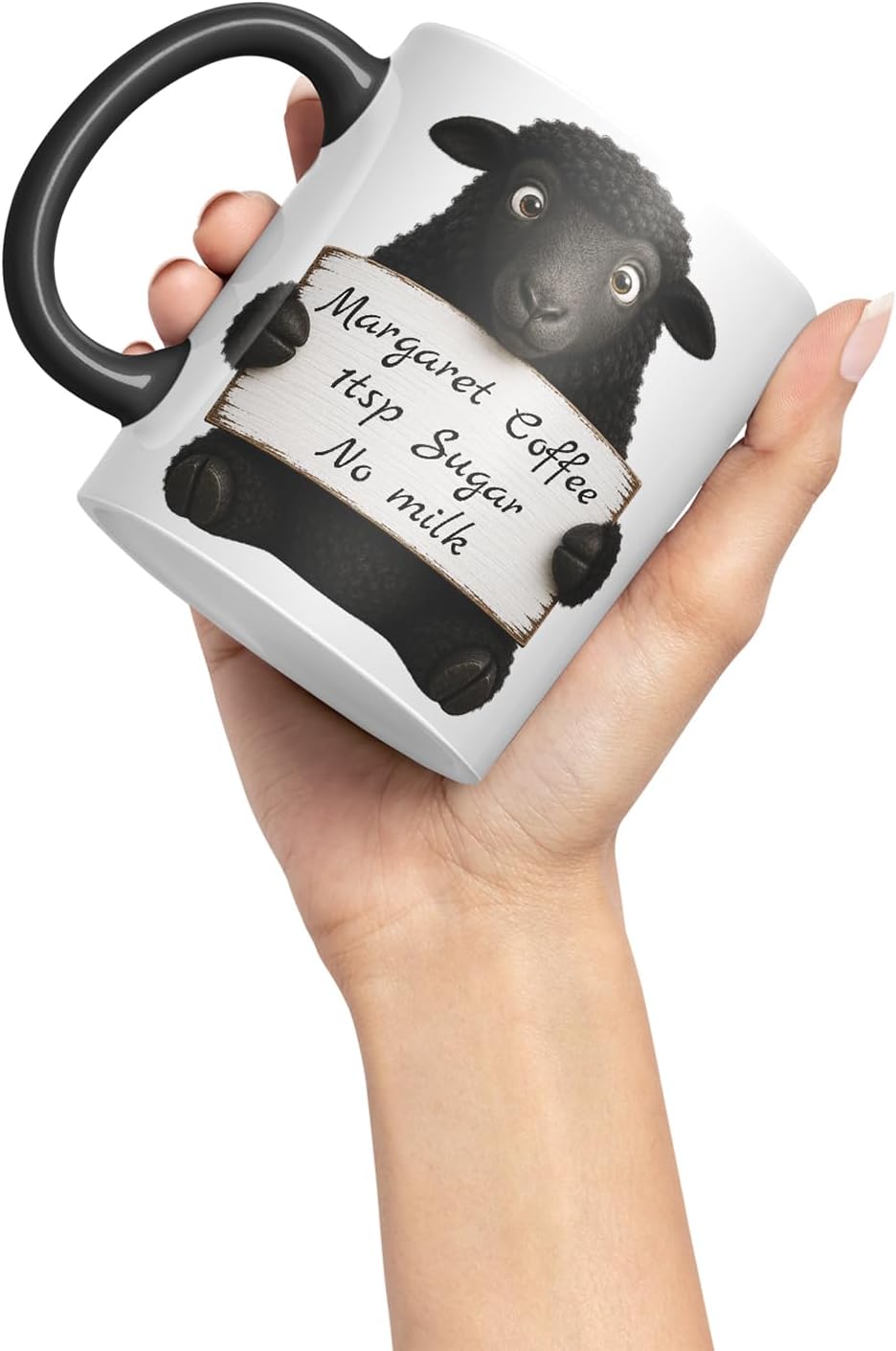 Vixar Personalised Black Sheep Mug with Name or Custom Message – Cute Animal Coloured Ceramic Mug Cup Gift, 11oz (Black)