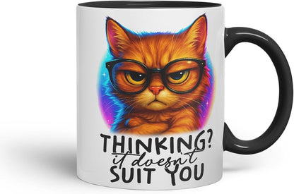 Vixar Thinking It Doesn't Suit You Sarcastic Cat – Coloured Ceramic Mug Cup Gift, 11oz (Black)