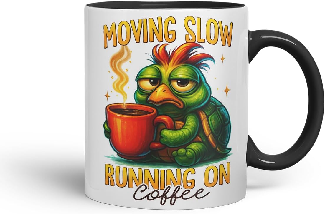 Vixar Moving Slow Running On Coffee Funny Turtle Mug – Coloured Ceramic Mug Cup Gift, 11oz (Black)