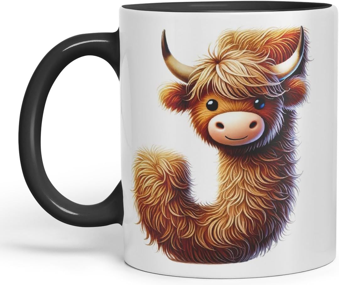 Highland Cow Alphabet Monogram Coloured Ceramic Cup Mug Letter J Rustic Farmhouse Animal Letter Gift V2 11oz (Black)