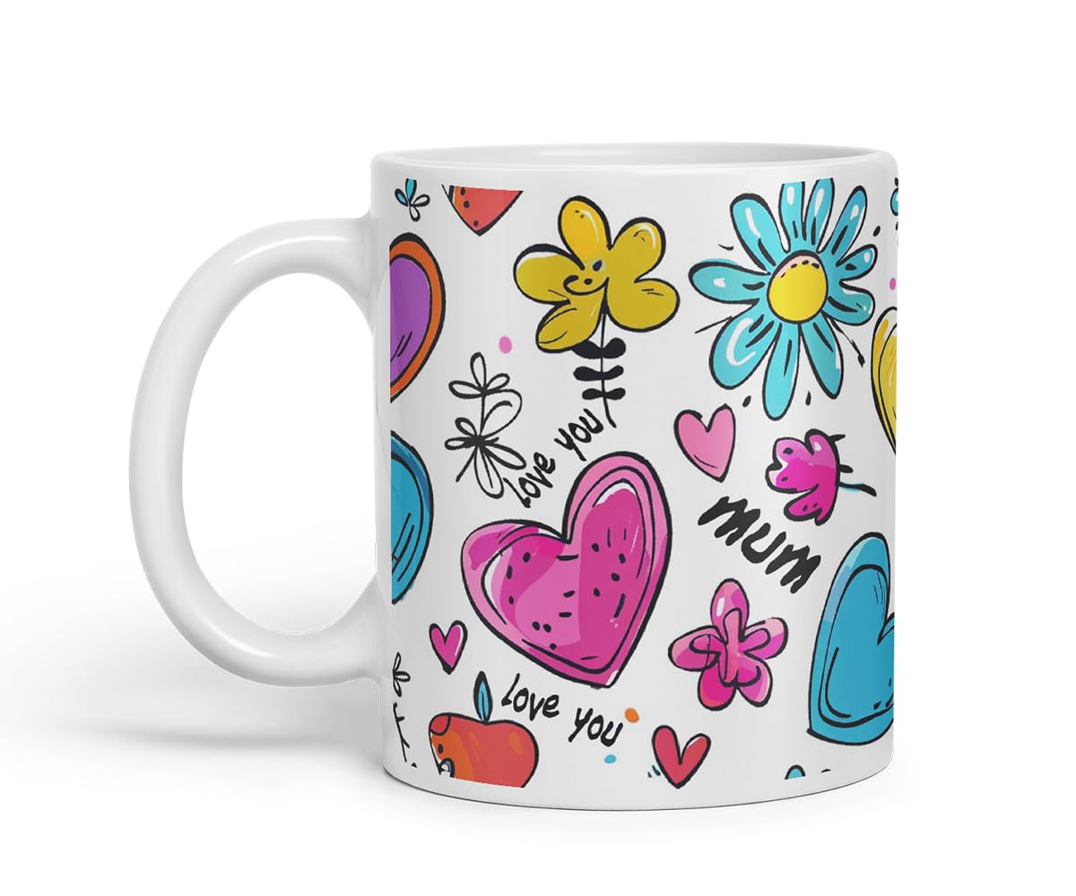 Vixar Mum Love You Colourful Hearts Pattern Mug – Coloured Ceramic Mug Cup Gift, 11oz (Black)