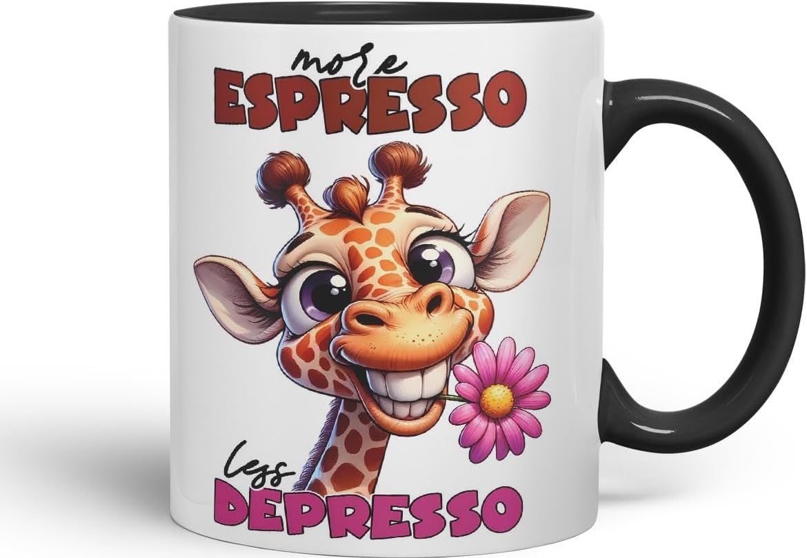 Vixar More Espresso, Less Depresso Sarcastic Giraffe Mug, Coloured Ceramic Cup 11oz (Black)