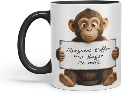 Vixar Personalised Monkey Mug with Name or Custom Message – Cute Animal Coloured Ceramic Mug Cup Gift, 11oz (Black)