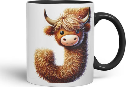 Highland Cow Alphabet Monogram Coloured Ceramic Cup Mug Letter J Rustic Farmhouse Animal Letter Gift V2 11oz (Black)
