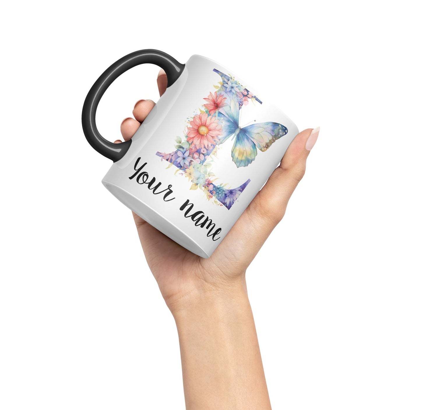 Personalised Letter L mug, Customized Custom Floral flowers butterfly Alphabet Letter L Monogram watercolour Ceramic Coloured Mug Cup for Tea Coffee Hot brew 330ml 11Oz Gift