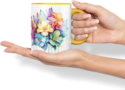 Vixar Gardenia Classic Floral Mug Coloured Ceramic Mug Cup Gift, 11oz (Gold Yellow)
