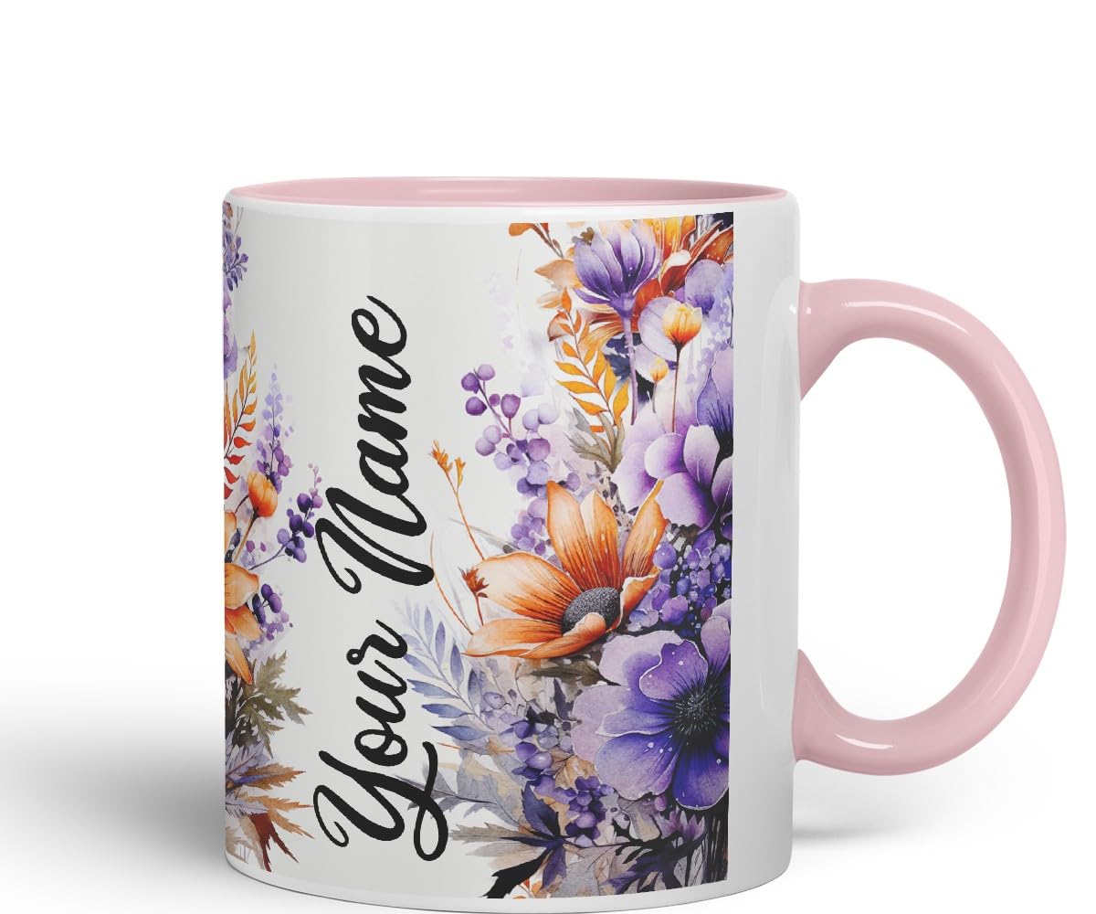 Vixar Personalised Orange Daisy Mug – Custom Your Name Coloured Ceramic Mug Cup Gift, 11oz (Orange)