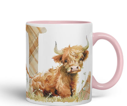 Vixar Highland Cow Alphabet Monogram Coloured Ceramic Cup Mug – Letter L – Rustic Farmhouse Animal Letter Gift – 11oz (Black)