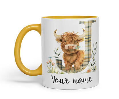 Vixar Personalised Highland Cow Initial Letter J Custom Name Mug – Coloured Ceramic Mug Cup Gift, 11oz (Black)