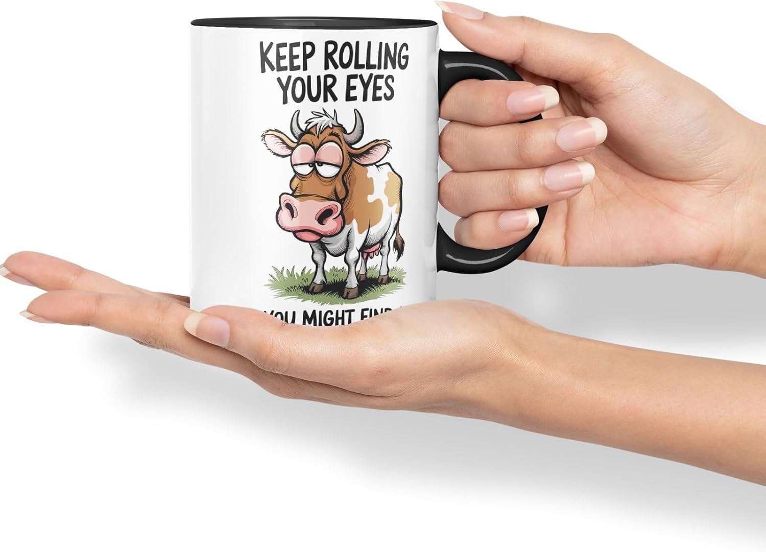 Vixar Keep Rolling Your Eyes You Might Find a Brain Cow Joke Coloured Ceramic Mug Cup Gift, 11oz (Black)