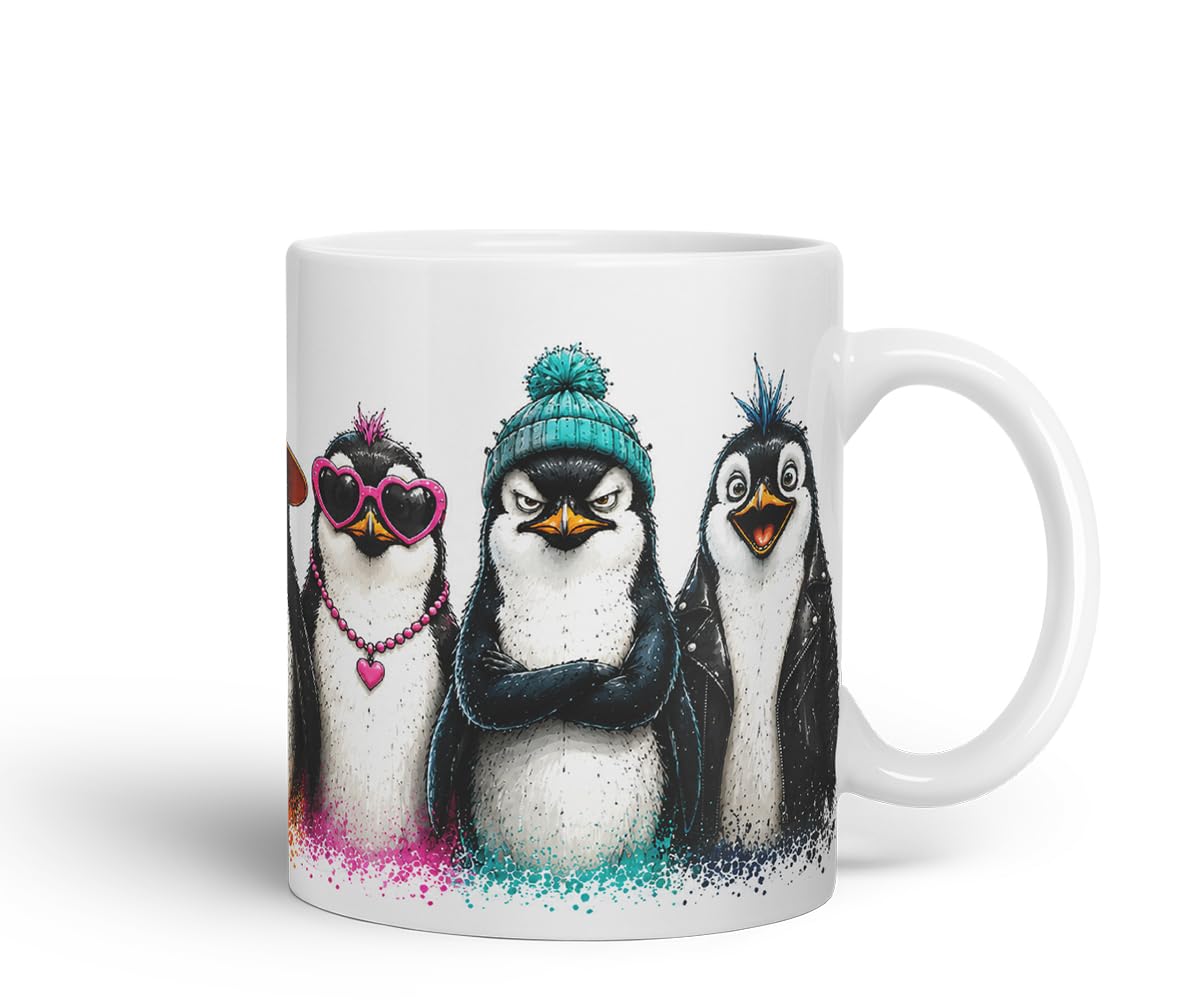 Penguin Mug – Cute Penguins Coloured Ceramic Mug Cup Gift, 11oz (Black)