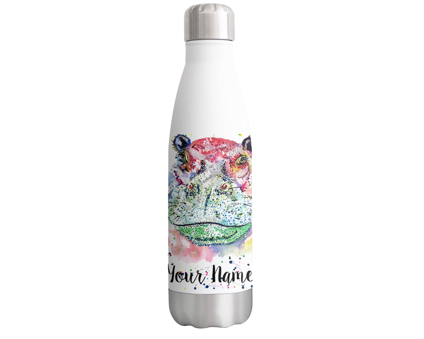 Vixar Hippopotamus Hippo Personalised Custom Bottle with your Text/name Watercolour wild animal Bottle double Wall insulated Stainless steel sport Drinks 500ml