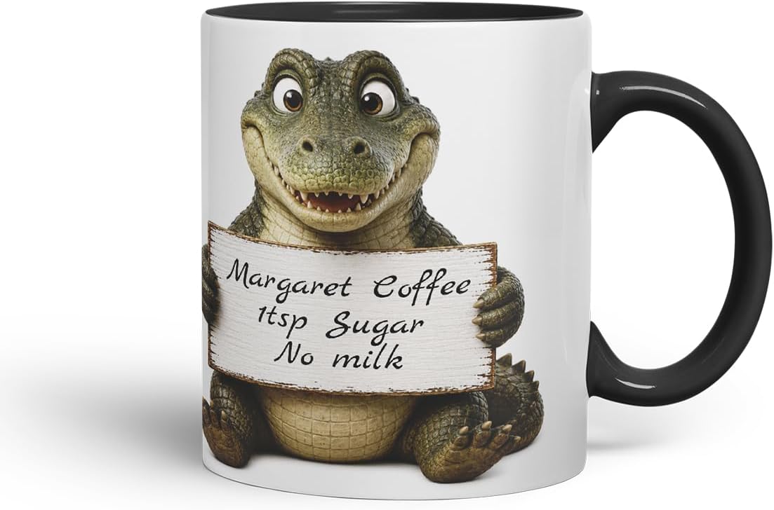 Vixar Personalised Crocodile Mug with Name or Custom Message – Cute Animal Coloured Ceramic Mug Cup Gift, 11oz (Black)