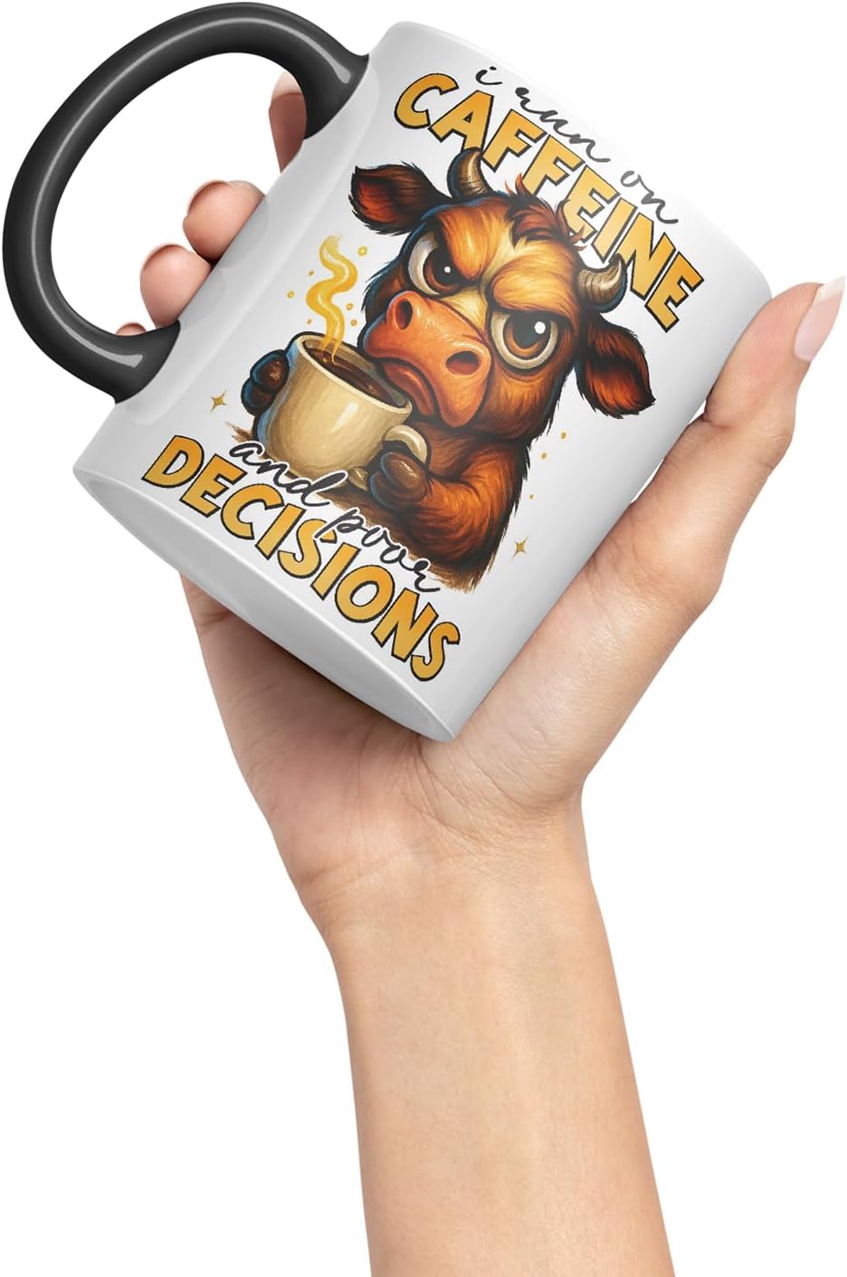 Vixar I Run On Caffeine and Poor Decisions Funny Cow Mug – Coloured Ceramic Mug Cup Gift, 11oz (Black)