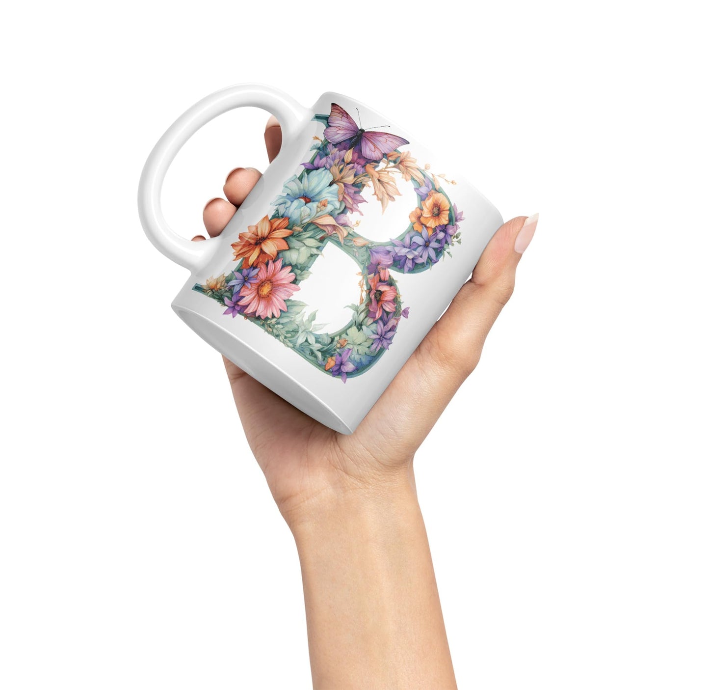 Letter B mug, Floral flowers butterfly Alphabet Letter B Monogram watercolour Ceramic Coloured Mug Cup for Tea Coffee Hot brew 330ml 11Oz Gift