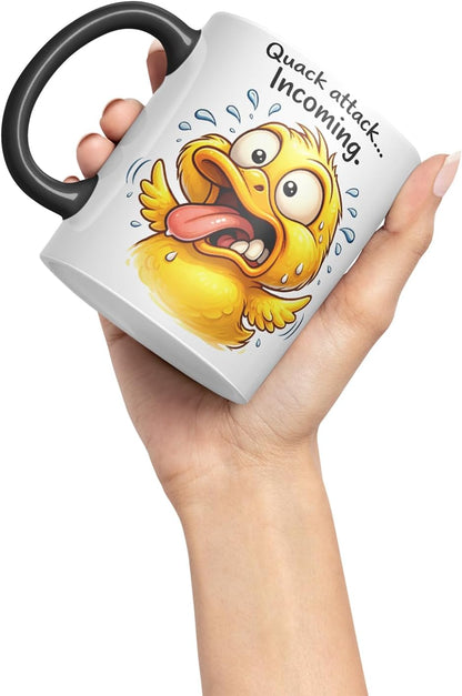 Vixar Quack Attack Incoming Funny Duck Mug – Coloured Ceramic Mug Cup Gift, 11oz (Black)