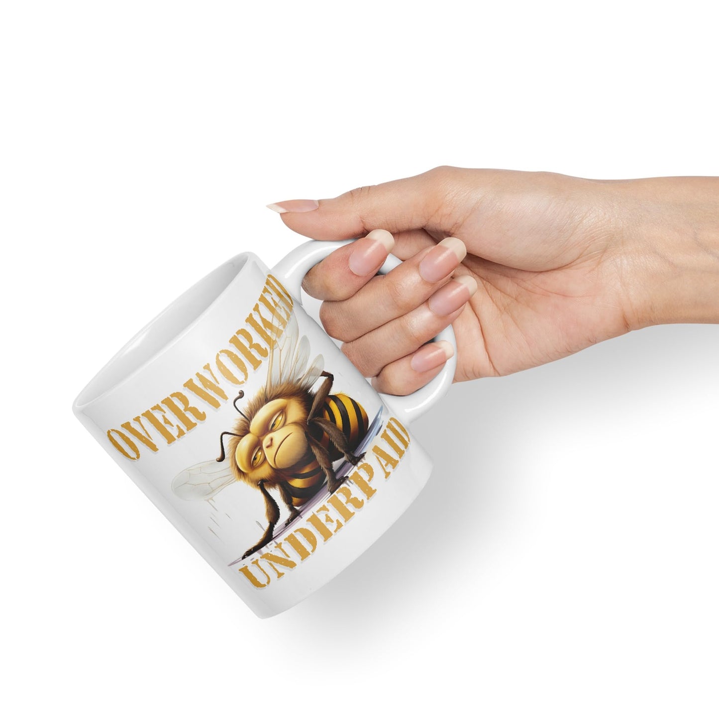 Overworked Underpaid bee Work Joke sarkasm Sarcastic Ceramic Coloured Mug Cup for Tea Coffee Hot Brew 330ml 11Oz Gift