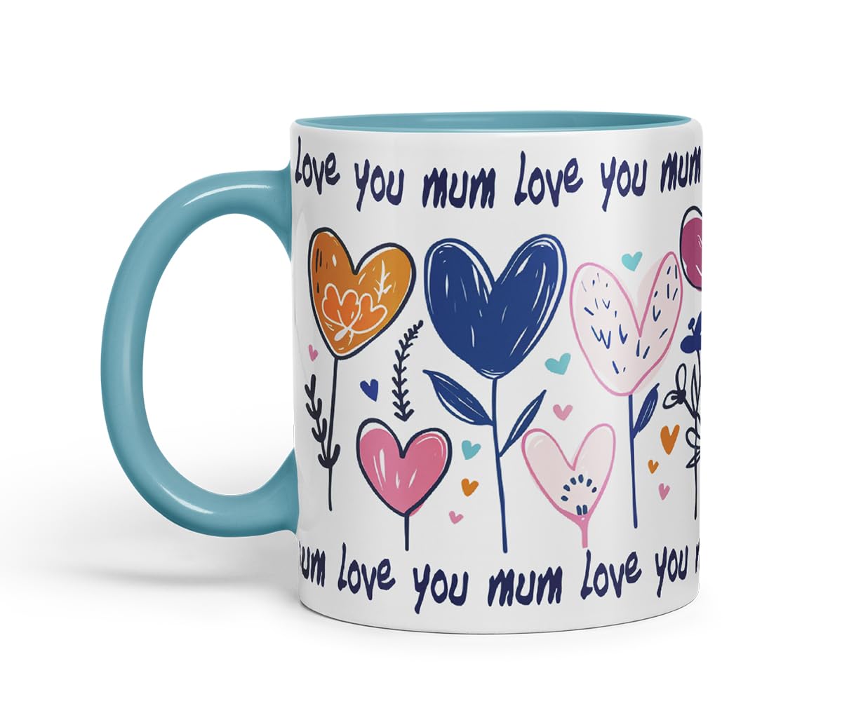 Vixar Love You Mum Floral Hearts Mug – Coloured Ceramic Mug Cup Gift, 11oz (Black)