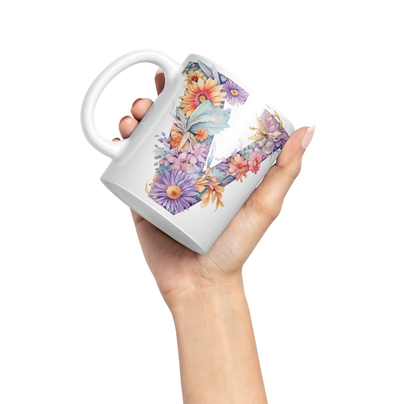 Letter V mug, Floral flowers butterfly Alphabet Letter V Monogram watercolour Ceramic Coloured Mug Cup for Tea Coffee Hot brew 330ml 11Oz Gift