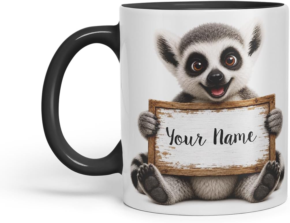 Vixar Personalised Lemur Mug with Name or Custom Message – Cute Animal Coloured Ceramic Mug Cup Gift, 11oz (Black)