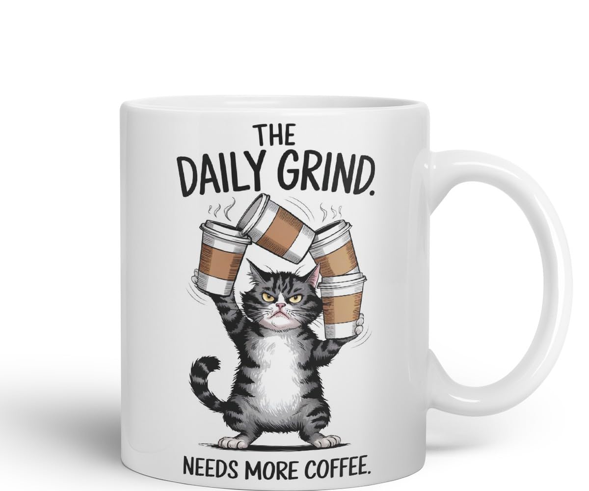 Vixar The Daily Grind Needs More Coffee Cat Mug – Coloured Ceramic Mug Cup Gift, 11oz (Black)