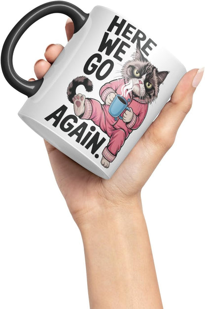 Vixar Here We Go Again Grumpy Cat Mug – Coloured Ceramic Mug Cup Gift, 11oz (Black)