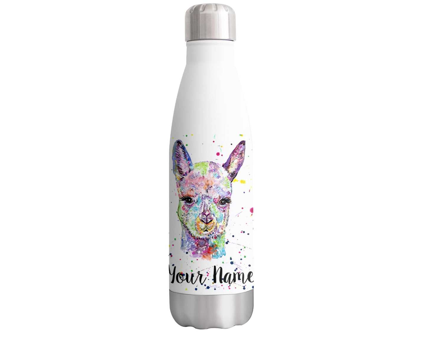 Vixar Alpaca Personalised Custom Bottle with your Text/name Watercolour Animals Rainbow Art Bottle Double Wall Insulated Stainless Steel Sport Drinks 500ml