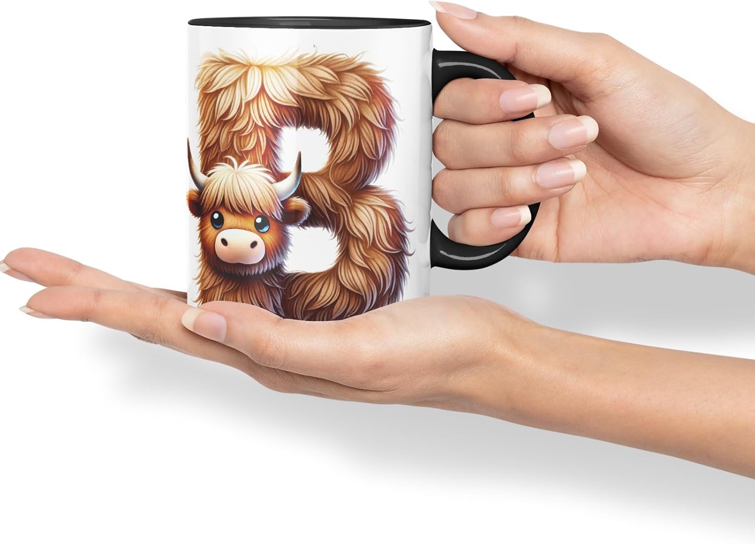 Highland Cow Alphabet Monogram Coloured Ceramic Cup Mug Letter B Rustic Farmhouse Animal Letter Gift V2 11oz (Black)