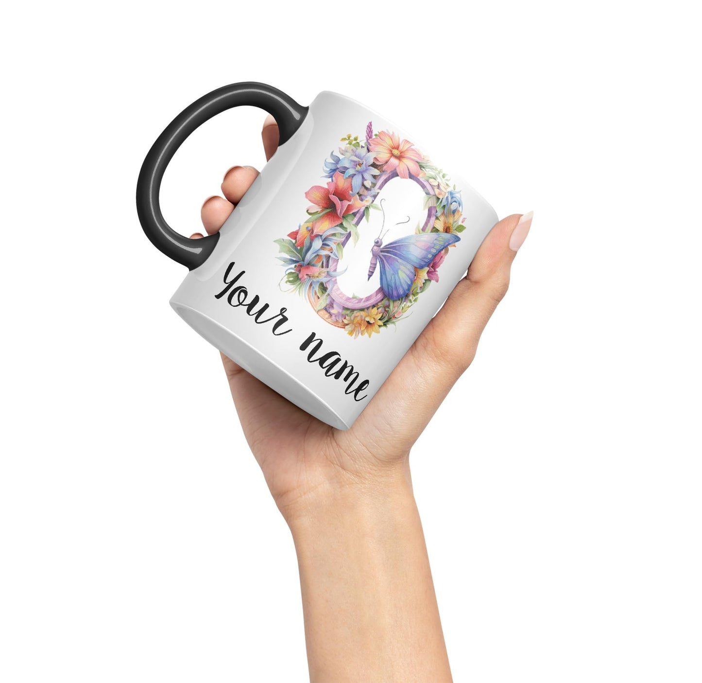 Personalised Letter O mug, Customized Custom Floral flowers butterfly Alphabet Letter O Monogram watercolour Ceramic Coloured Mug Cup for Tea Coffee Hot brew 330ml 11Oz Gift