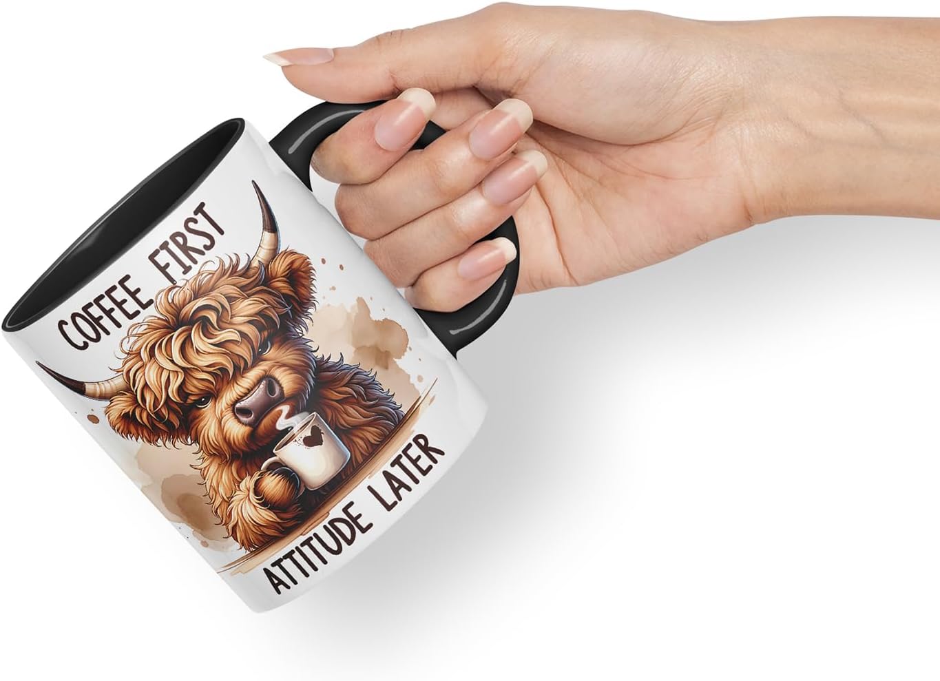 Vixar Coffee First Highland Cow Mug – Coloured Ceramic Mug Cup Gift, 11oz (Black)