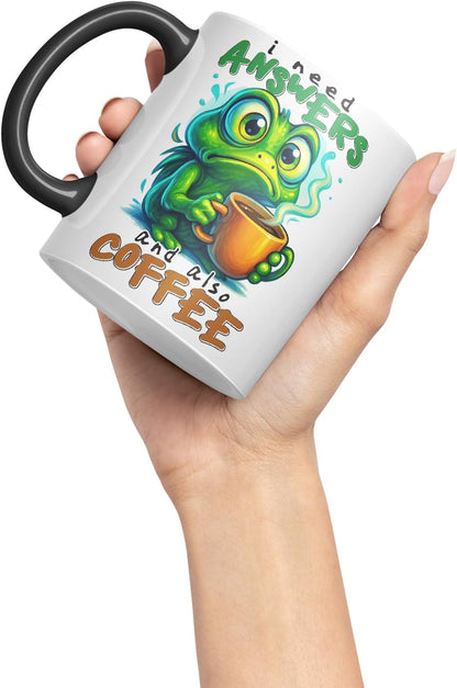 Vixar I Need Answers and Also Coffee Funny Frog Mug – Coloured Ceramic Mug Cup Gift, 11oz (Black)