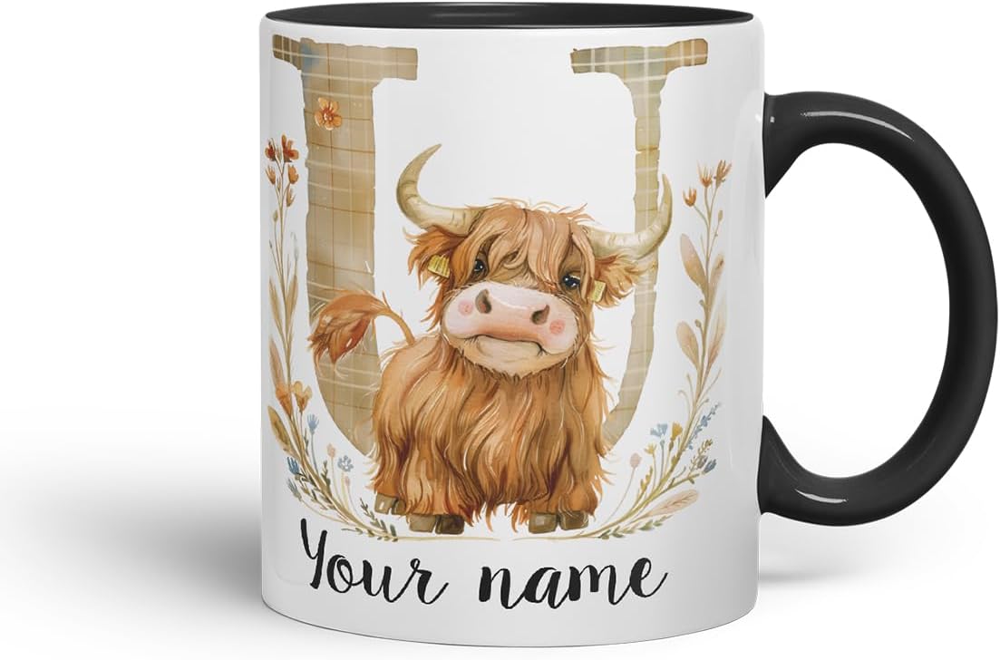 Vixar Personalised Highland Cow Initial Letter U Custom Name Mug – Coloured Ceramic Mug Cup Gift, 11oz (Black)