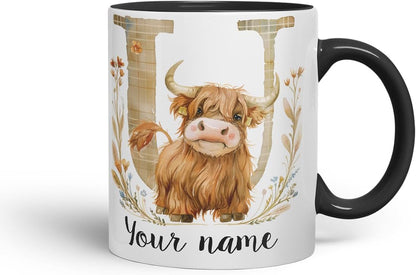 Vixar Personalised Highland Cow Initial Letter U Custom Name Mug – Coloured Ceramic Mug Cup Gift, 11oz (Black)