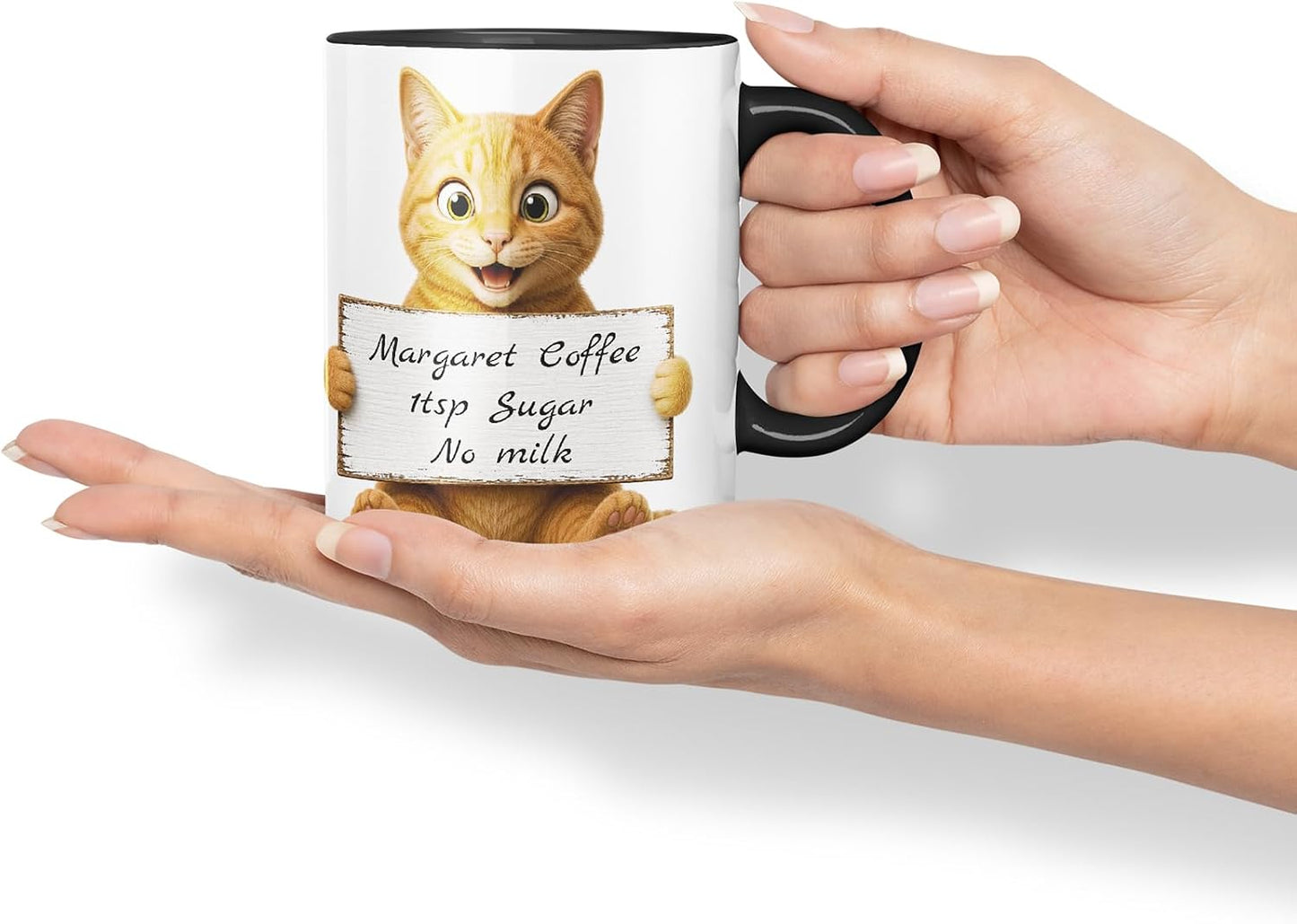 Vixar Personalised Ginger Cat Mug with Name or Custom Message – Cute Animal Coloured Ceramic Mug Cup Gift, 11oz (Black)