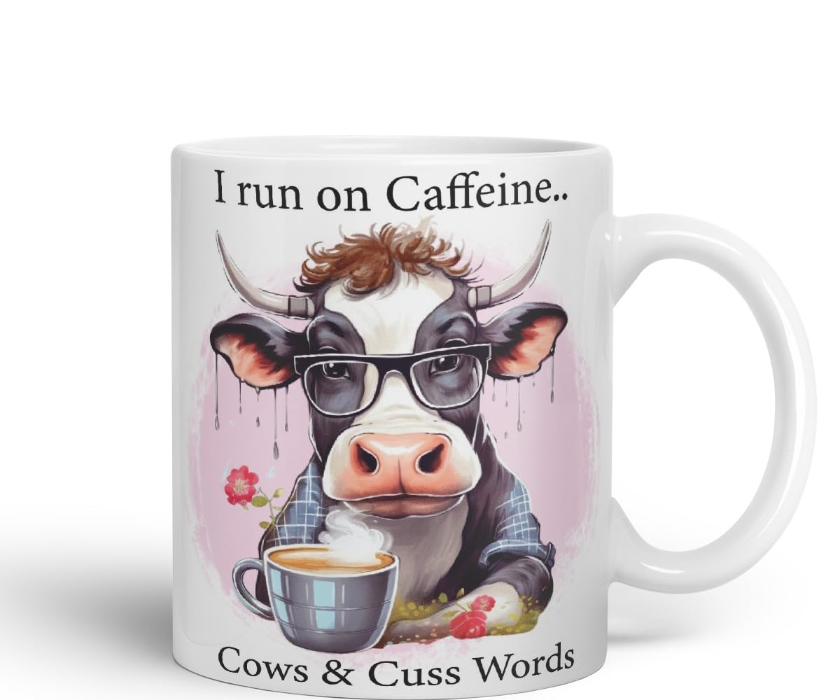 Vixar I Run on Caffeine Cows & Cu.. Words Coloured Ceramic Mug Cup Gift, 11oz (Black)